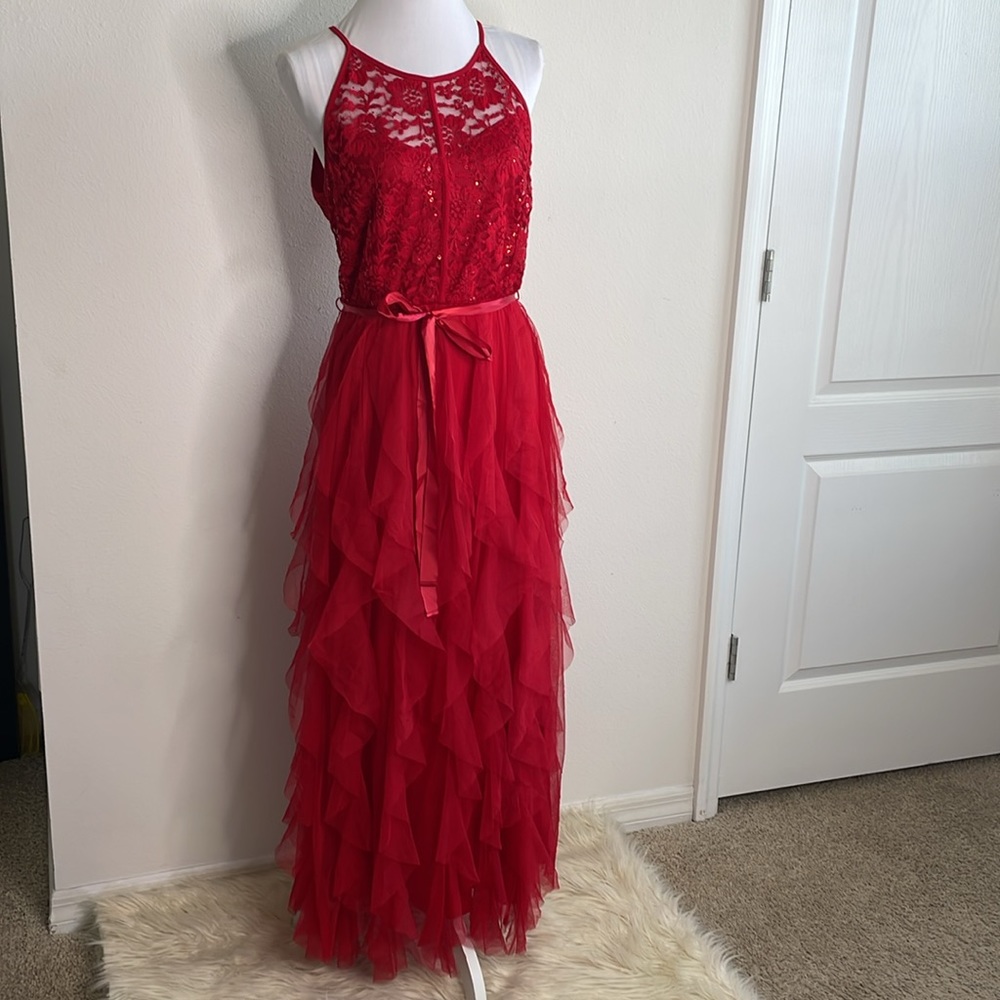 Candalite Red Long Flowy Dress with Ruffles Size Medium